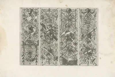 Vier trofeeën met schilders- en houtsnijgereedschap en gereedschap van de smid en metselaar
