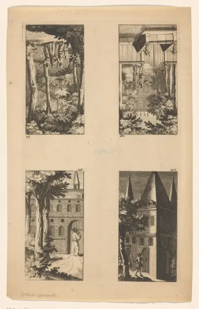 Vier voorstellingen in een bos, bij een landhuis, een klooster en een kasteeltoren
