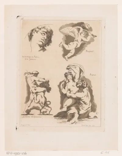 Vier voorstellingen van achtereenvolgens een mannenkop, putto, man vechtend met leeuw en sater die een nimf omhelst