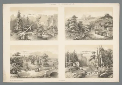 Vier voorstellingen van berglandschappen met gebouwen en mensen