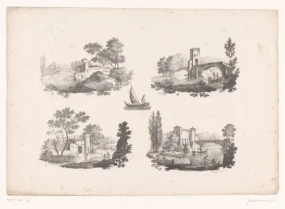 Vier voorstellingen van bruggen en gebouwen in een landschap