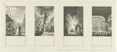 Vier voorstellingen van de maanden oktober, november, februari, maart