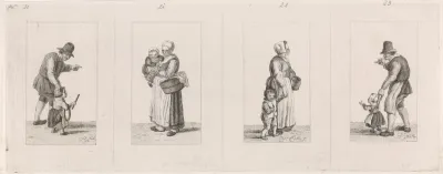 Vier voorstellingen van een staand figuur met kind