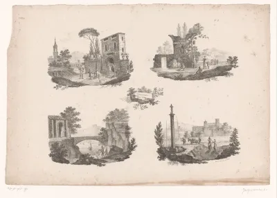 Vier voorstellingen van gebouwen en ruïnes in een landschap