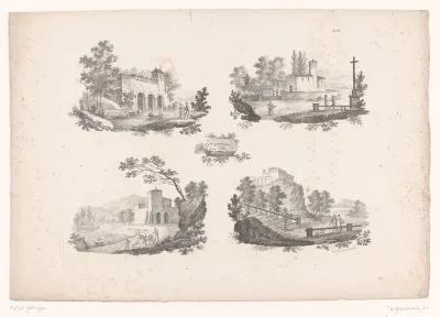 Vier voorstellingen van gebouwen in een landschap