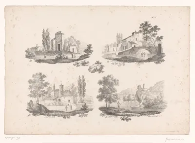 Vier voorstellingen van stadspoorten, bruggen en torens in een landschap