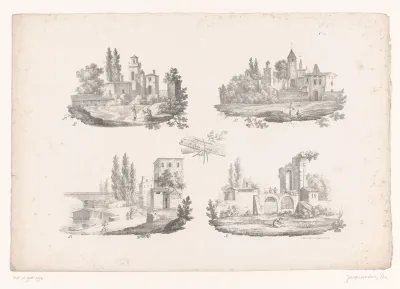 Vier voorstellingen van stadspoorten, gebouwen en ruïnes in een landschap