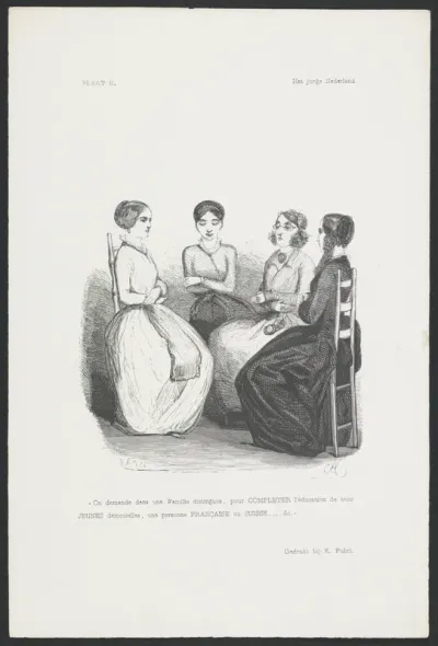 Vier vrouwen bespreken de keuze tussen een Zwitserse en een Franse gouvernante voor drie meisjes uit een voorname familie