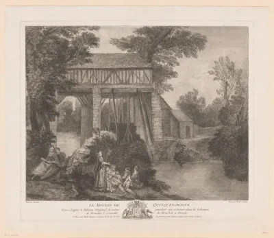 Vier vrouwen en drie mannen bij een watermolen