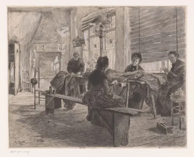 Vier vrouwen in een naaiatelier aan het werk