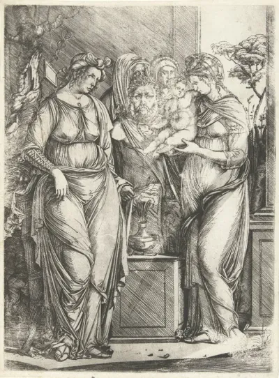 Vier vrouwen offeren jongen bij beeld van Priapus