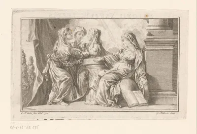Vier vrouwen rond een zuil met kelk, appel en een boek