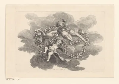 Vier zwevende putti met guirlandes
