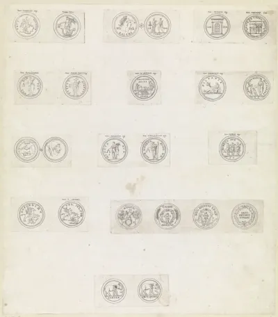 Vierentwintig Romeinse munten met deviezen en emblemen van keizers
