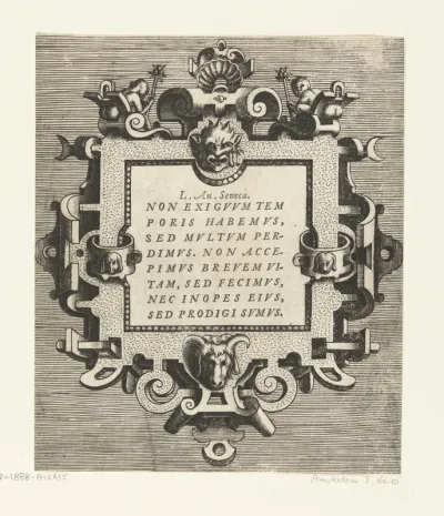Vierkante cartouche met een citaat van Seneca