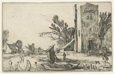 Vierkante toren bij een bevroren rivier met kolfspelers