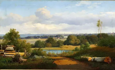 View at Ermelunden overlooking the Gentofte Church, Bernstorff Palace and Copenhagen