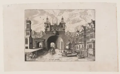 View from a canal of the gate bridge with shutters of a fortified town, street façade on the right