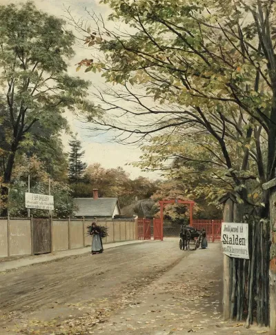 View from Dyrehaven, in the background the entrance with red gates.