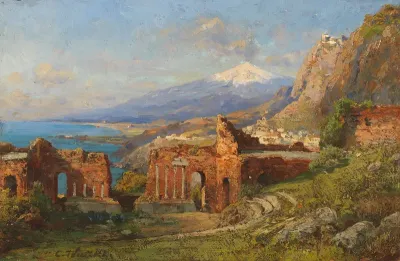 View from the ancient theater in Taormina to Mount Etna