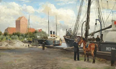 View from the port of Korsør with steamships.