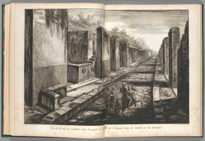 View from the street entering beneath the gateway to the city of Pompeii, with the foot paths and the shops, from "Antiquités de Pompeïa, tome premier, Antiquités de la Grande Grèce..." (Antiquities of Pompeii, volume one, Antiquities of Great Greece