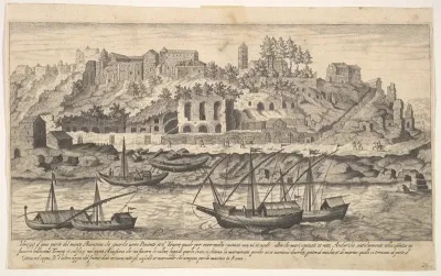 View from the west of ruins of the Aventine Hill, Rome, with boats on the river Tiber in the foreground, plate 21 from "Ruins of the antiquity of Rome, Tivoli, Pozzuoli, and other places" (Vestigi della antichità di Roma, Tivoli, Pozzvolo et altri lu