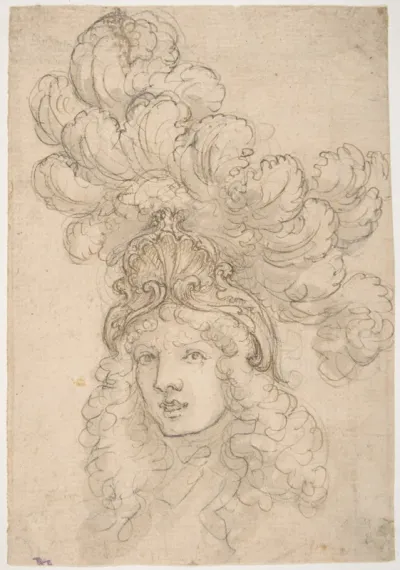 View in 3/4 of a Design for a Headpiece Decorated with a Shell and Large Plume
