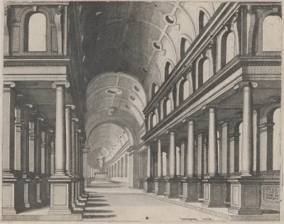 View into a Church with Ionic Columns and a Choir with a Statue