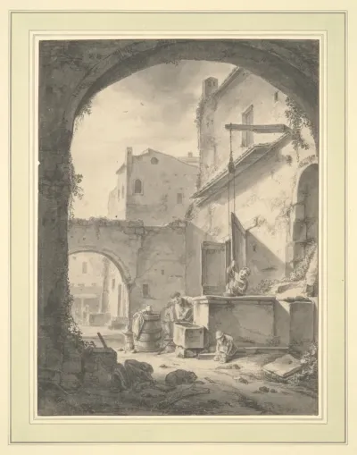 View into a Courtyard with a Family at a Well