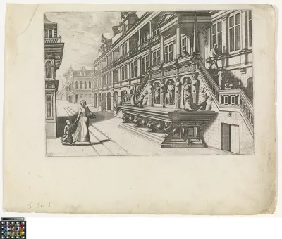 View into a street with a fountain with three statues in niches