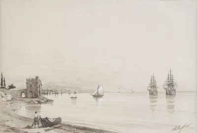 View of a bay with numerous sailing-ships (Feodosia?)