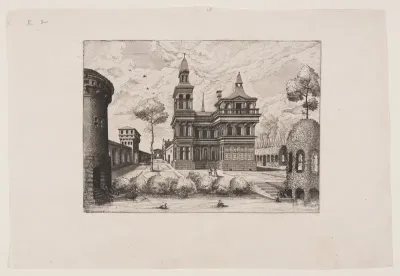View of a castle, on the left a fortified wall, on the right a trellis-work gangway and pavilion