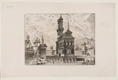 View of a castle with tower and entrance building, placed in a pond and surrounded by a garden