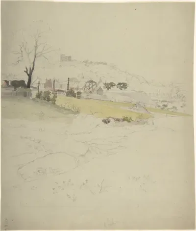 View of a colliery at the edge of a town