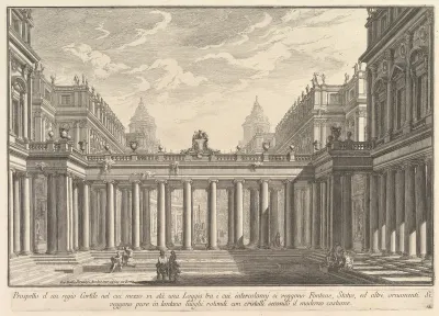 View of a courtyard with a loggia, fountains, statues, and other ornaments (Prospetto d'un regio Cortile nel cui mezzo vi stà una Loggia...), from "Prima Parte di Architettura, e Prospettive"