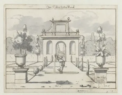 View of a Formal Garden with an Arched Gateway and a Mermaid Fountain