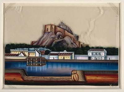 View of a fortress (?) on a hill, across the river