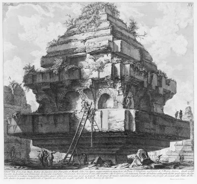 View of a large structure, remains of the Tomb of the Metelli on the Appian Way about five miles from Porta S. Sebastiano, in the village of S. Maria Nuova..., tome 3, tavola 15 from "Le Antichità Romane" (Roman Antiquities)