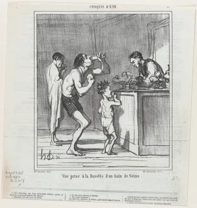 View of a refreshment stand at a bath on the Seine, from 'Summer sketches,' published in Le Charivari, August 3, 1865