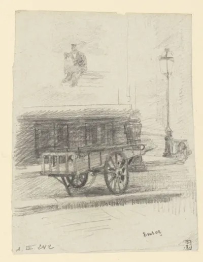 View of a street with a barrow, a streetlamp and a man sitting on a bench