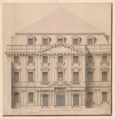 View of a Theater (Bayreuth): Exterior Elevation of the Façade; Central Portal Surmounted by Royal Crown
