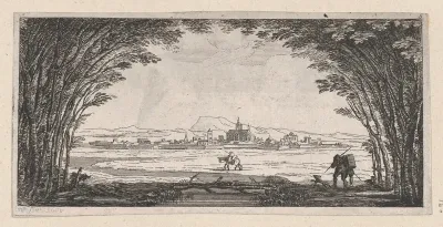 View of a town with man and dog