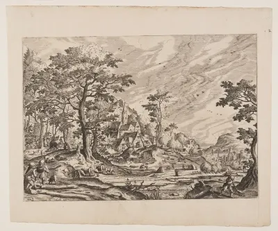 View of a Village, a Man Carrying a Wheelbarrow, plate 8 from Landscapes with Views of Villages
