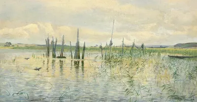 View of an inlet with rushes and poles for fish traps.