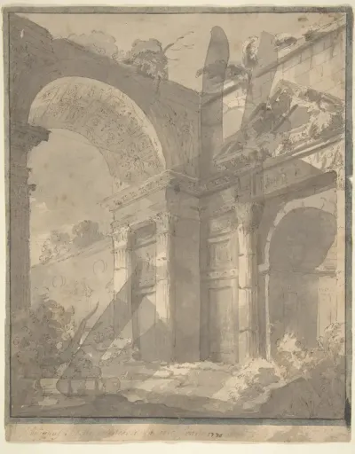 View of Ancient Roman Ruins, an Arch and a Triangular-Pedimented Doorway