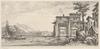 View of bathers and a large building at the right, from "Italian landscapes" (Diverse vedute designate in Fiorenza / Paysages italiens)