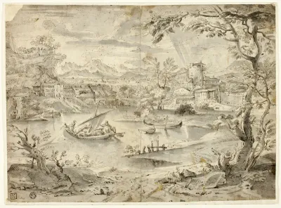 View of City with Fishing Boat in Foreground