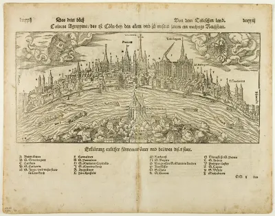 View of Cologne (recto) Man Hanged from a Tree (verso), Two leafs DCCXXI-DCCXXIIII from Kosmographie by S. Münster, plate 45 from Woodcuts from Books of the XVI Century