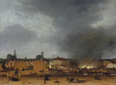 View of Delft with the explosion of the gunpowder warehouse on 12 October 1654